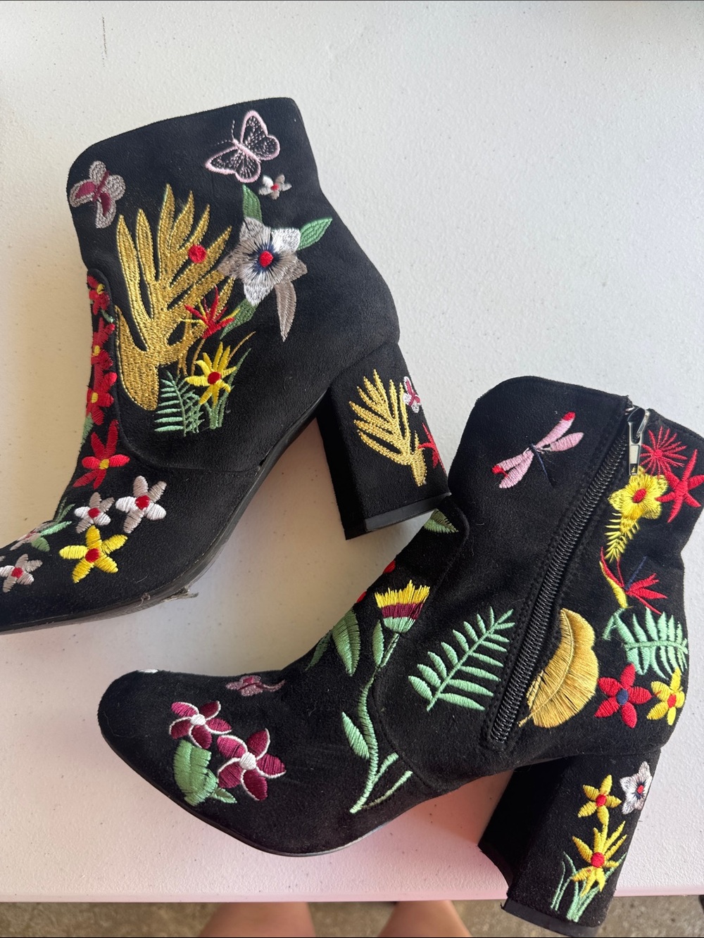 Black Embroidered Floral Ankle Boots - Women's